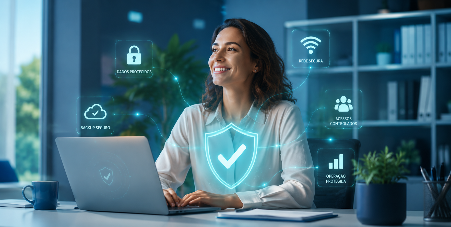 Profissional em ambiente empresarial protegido por soluções de segurança digital